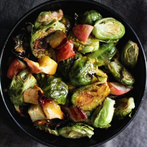 Maple Mustard Brussels Sprouts with Bacon and Roasted Apple