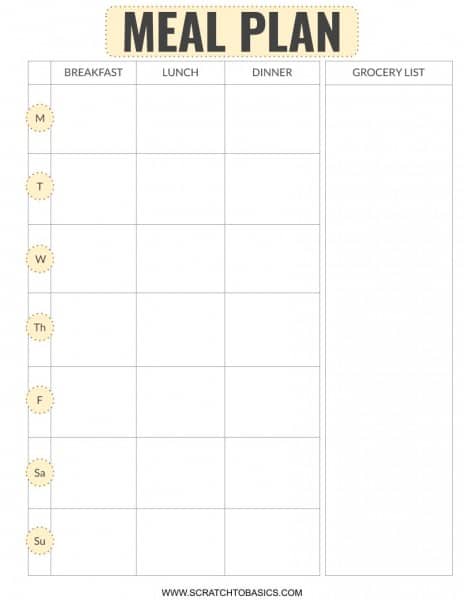 Weekly Meal Plan Template With Grocery List from www.scratchtobasics.com