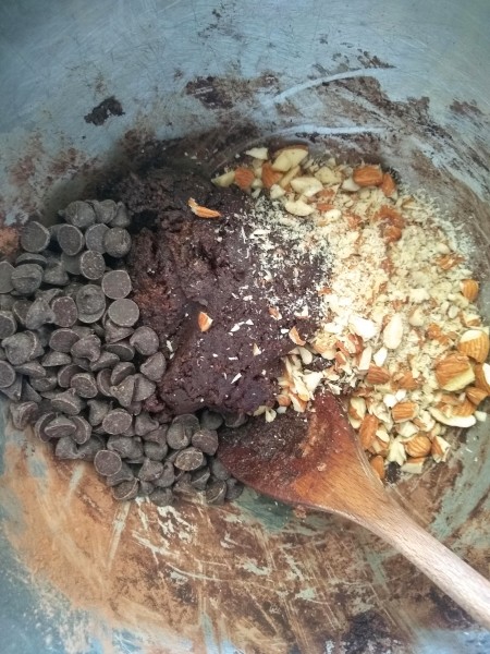 add the chocolate chips and chunks of almonds