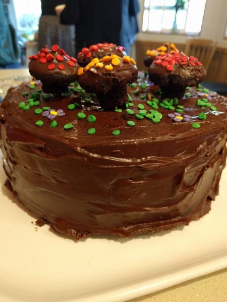 chocolate avocado frosting on mushroom birthday cake