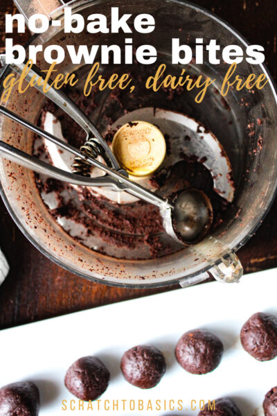 no bake brownie bites in food processor and on tray