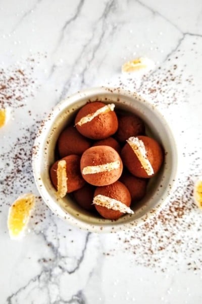 Finished ginger chocolate no bake dessert balls in ramekin