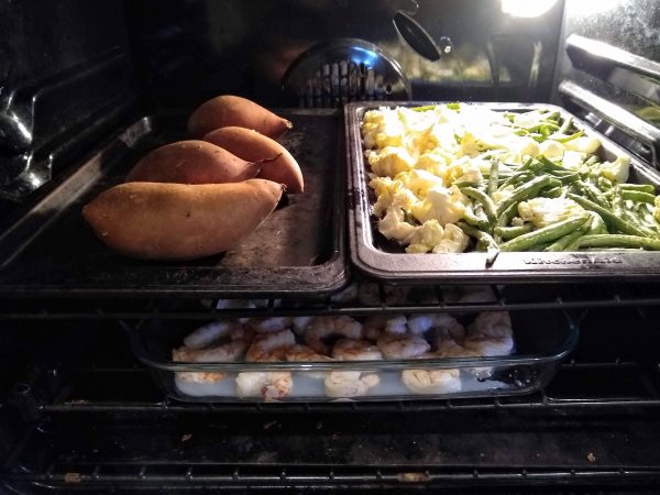 Prep work and dinner cooking in the oven.