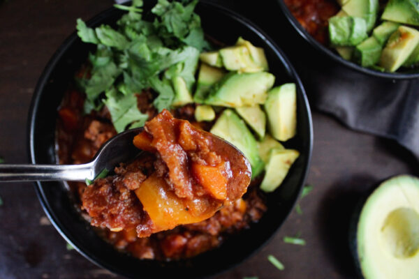 spoonful of paleo beef and bacon chili