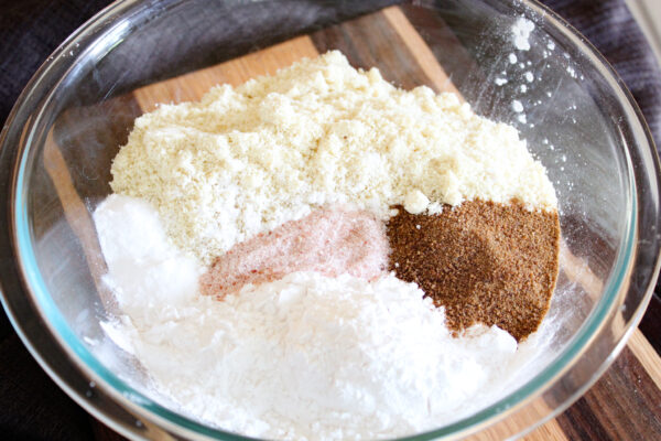 ingredients for paleo pancake mix in glass bowl