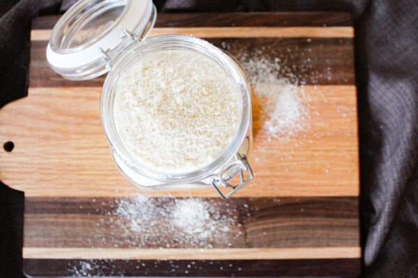 paleo pancake mix in jar on cutting board