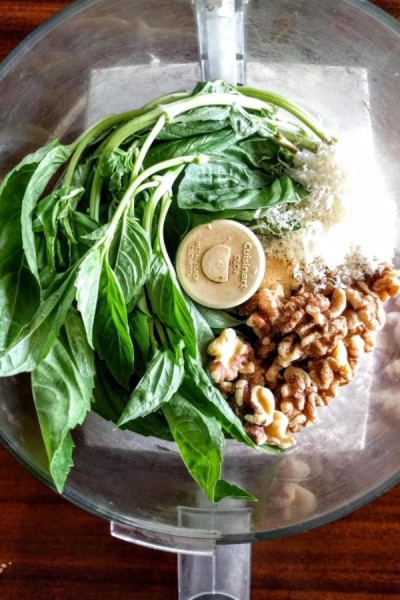 pesto ingredients in food processor