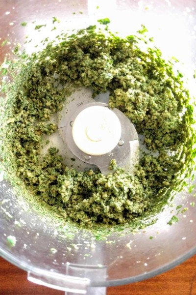 pesto without pine nuts blended in food processor. 