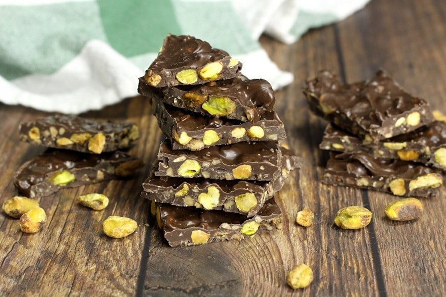 Pistachio toffee dark chocolate bark makes a tasty gift anyone will love.