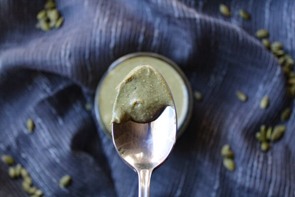 pumpkin seed butter on a spoon