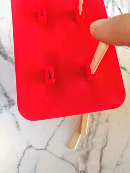 Insert the sticks into the holes provided in the lid of the popsicle mold.