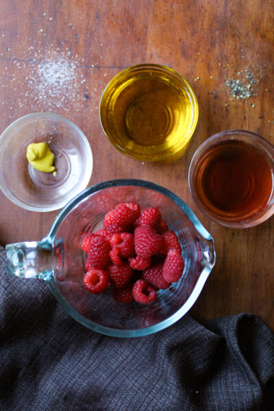 ingredients for raspberry vinaigrette - 1 cup fresh raspberries, ½ cup olive oil, ¼ cup red wine vinegar, ½ tsp mustard, ¼ tsp salt and Black Pepper (to taste)
