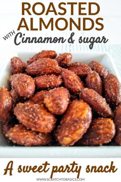 cinnamon sugar almonds in white bowl.