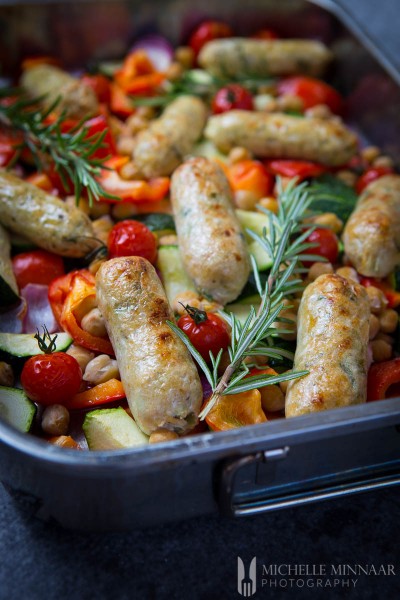 sausage tray bake with vegetables and chickpeas