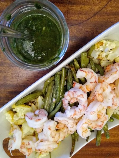 Shrimp, green beans, cauliflower with chimichurri sauce