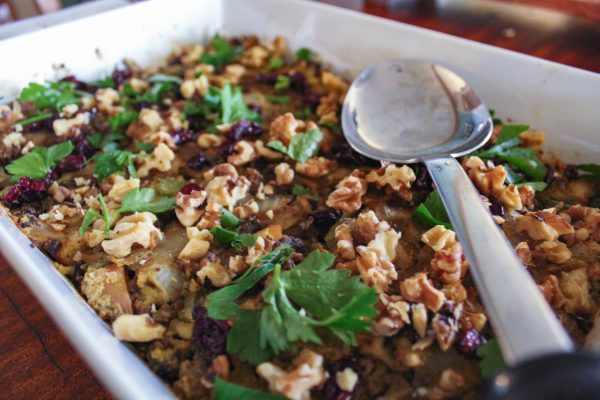 Paleo stuffing stuffing in a casserole dish on a table