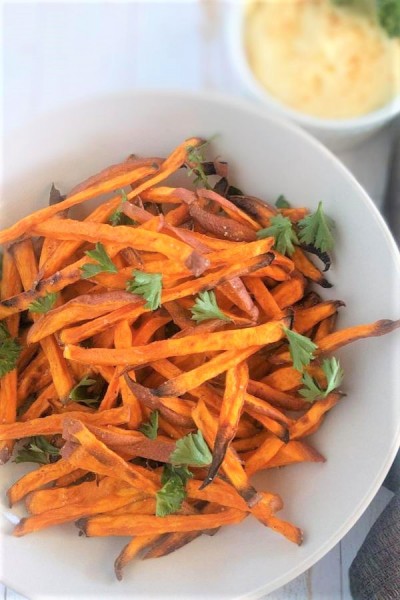 Sweet potato fries are gluten free and fit into this meal plan on barbecue bacon burger night.